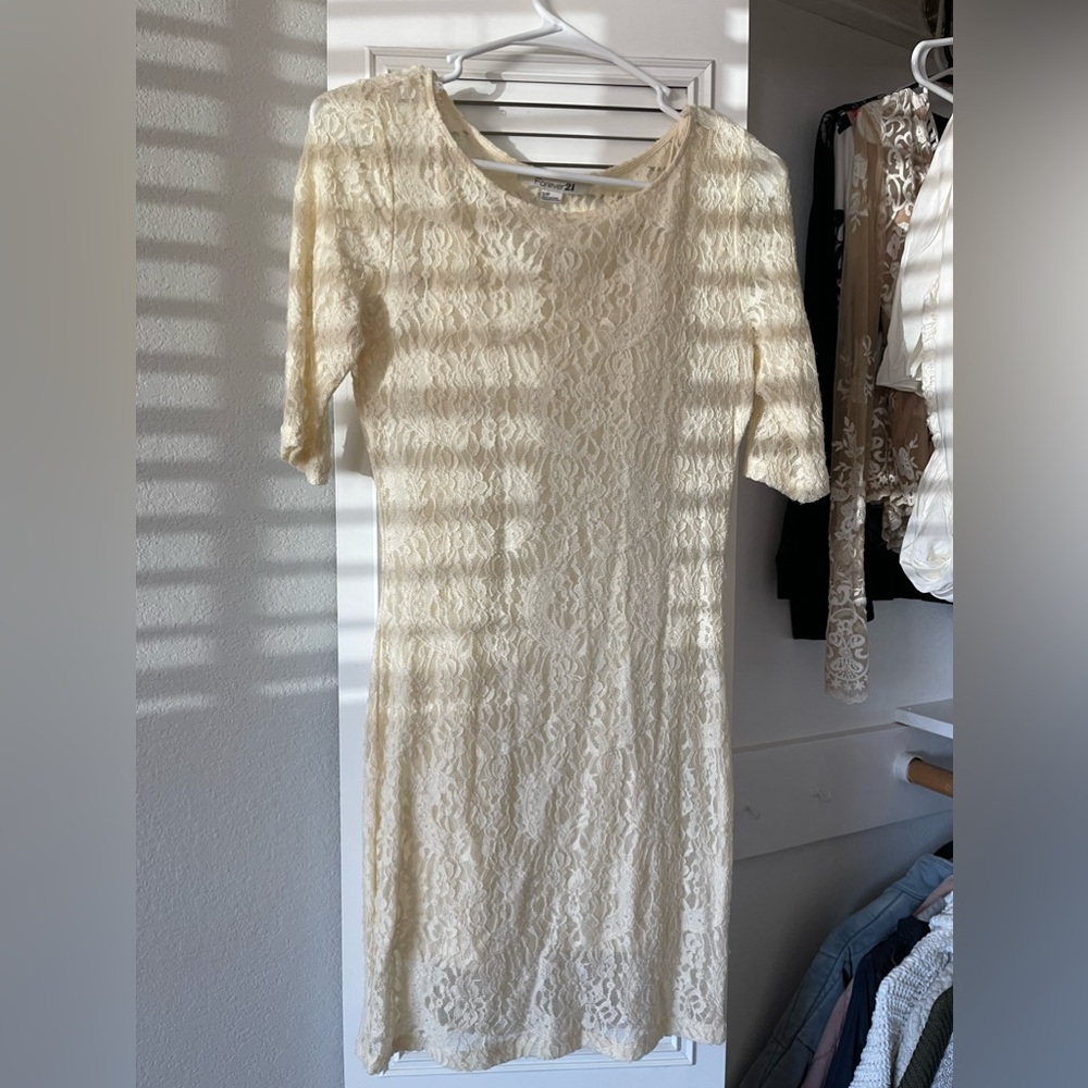 Cream, Lace Fitted Dress, Quarter Sleeve